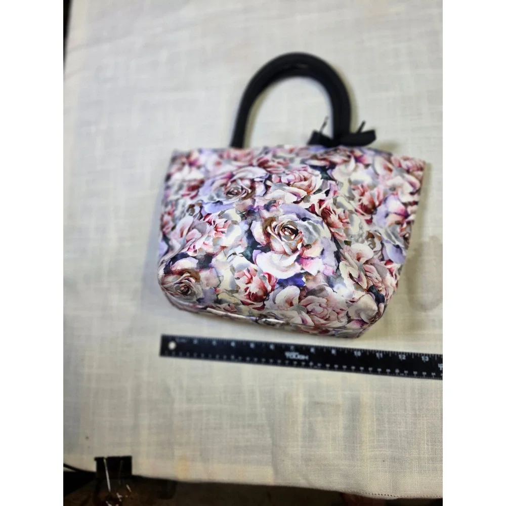 Floral Watercolor Rose Mini Tote Bag with Black Bow Detail and Padded Handles